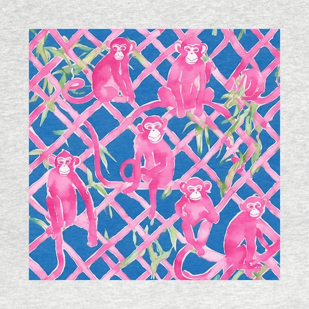 Pink monkeys and bamboo lattice on navy blue by SophieClimaArt
